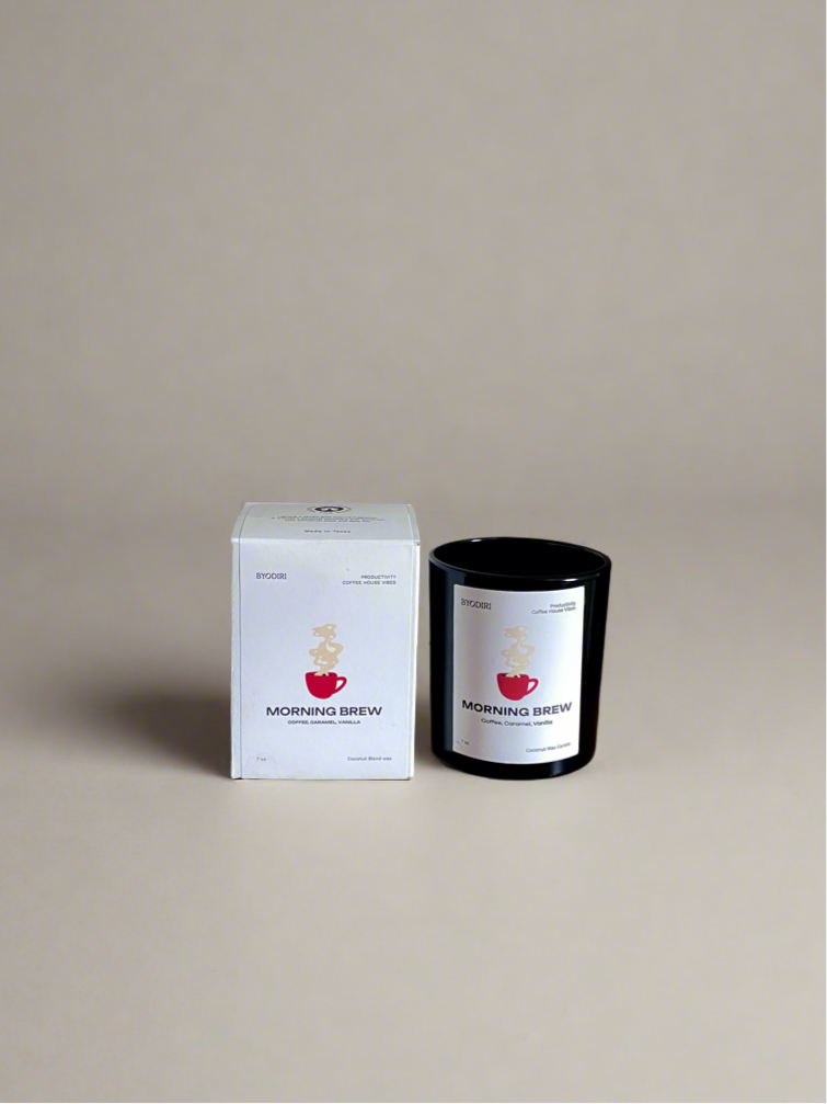 Candle and packaging labeled 'Morning Brew' on a beige background
