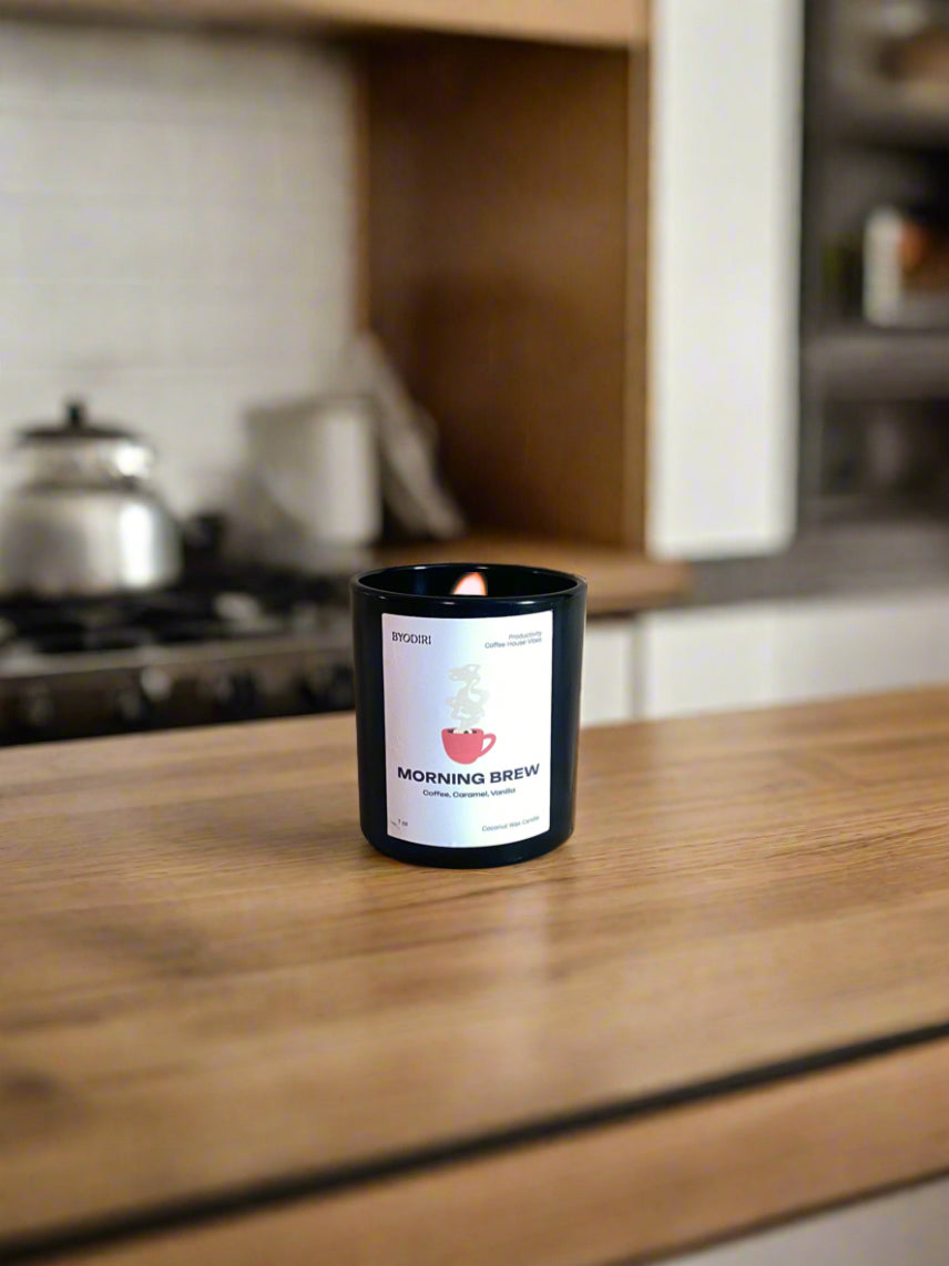 Candle labeled 'Morning Brew' on a kitchen counter