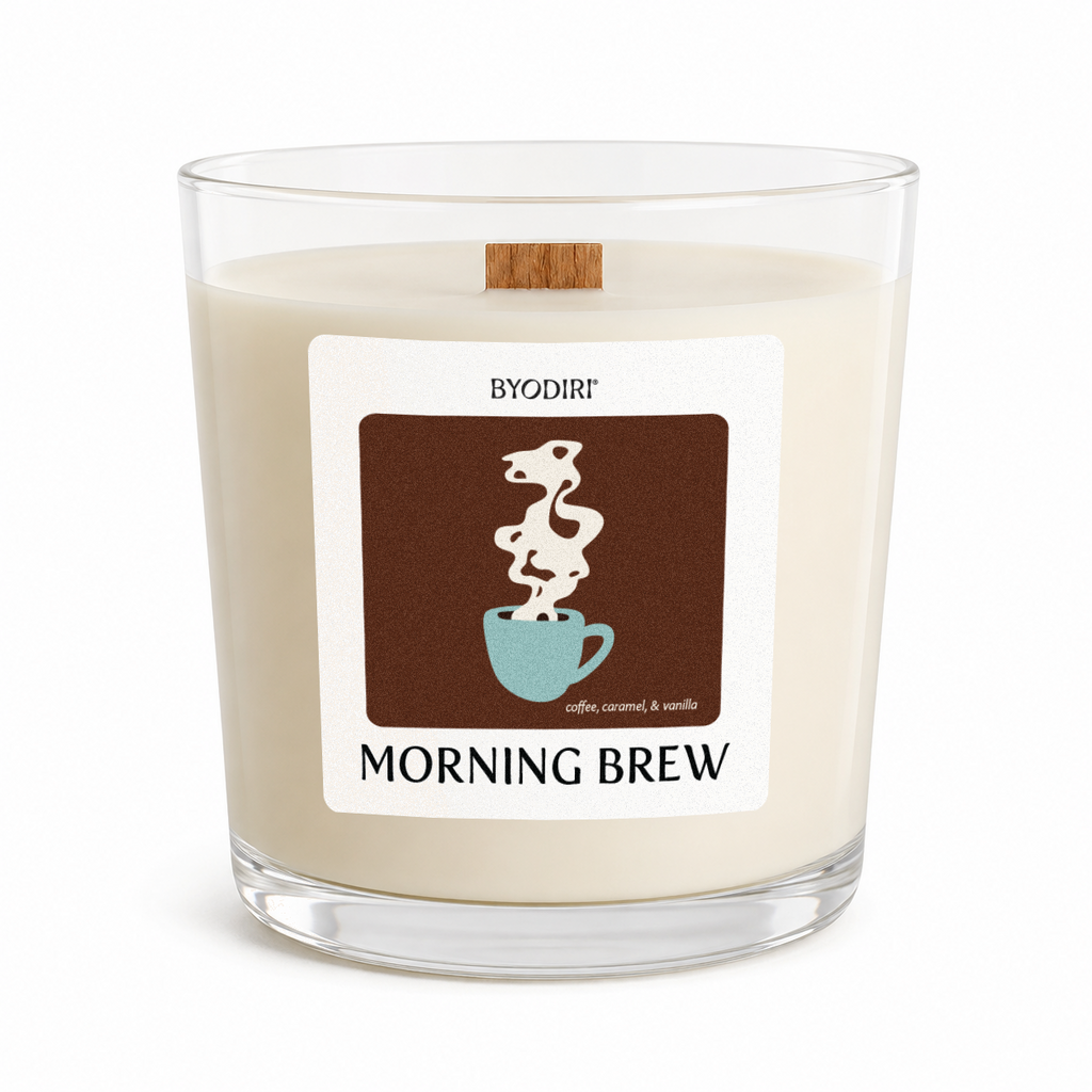 Candle labeled 'Morning Brew' by BYODIRI with a coffee cup design on a white background