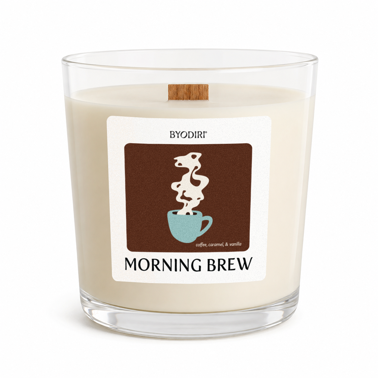 Candle labeled 'Morning Brew' by BYODIRI with a coffee cup design on a white background
