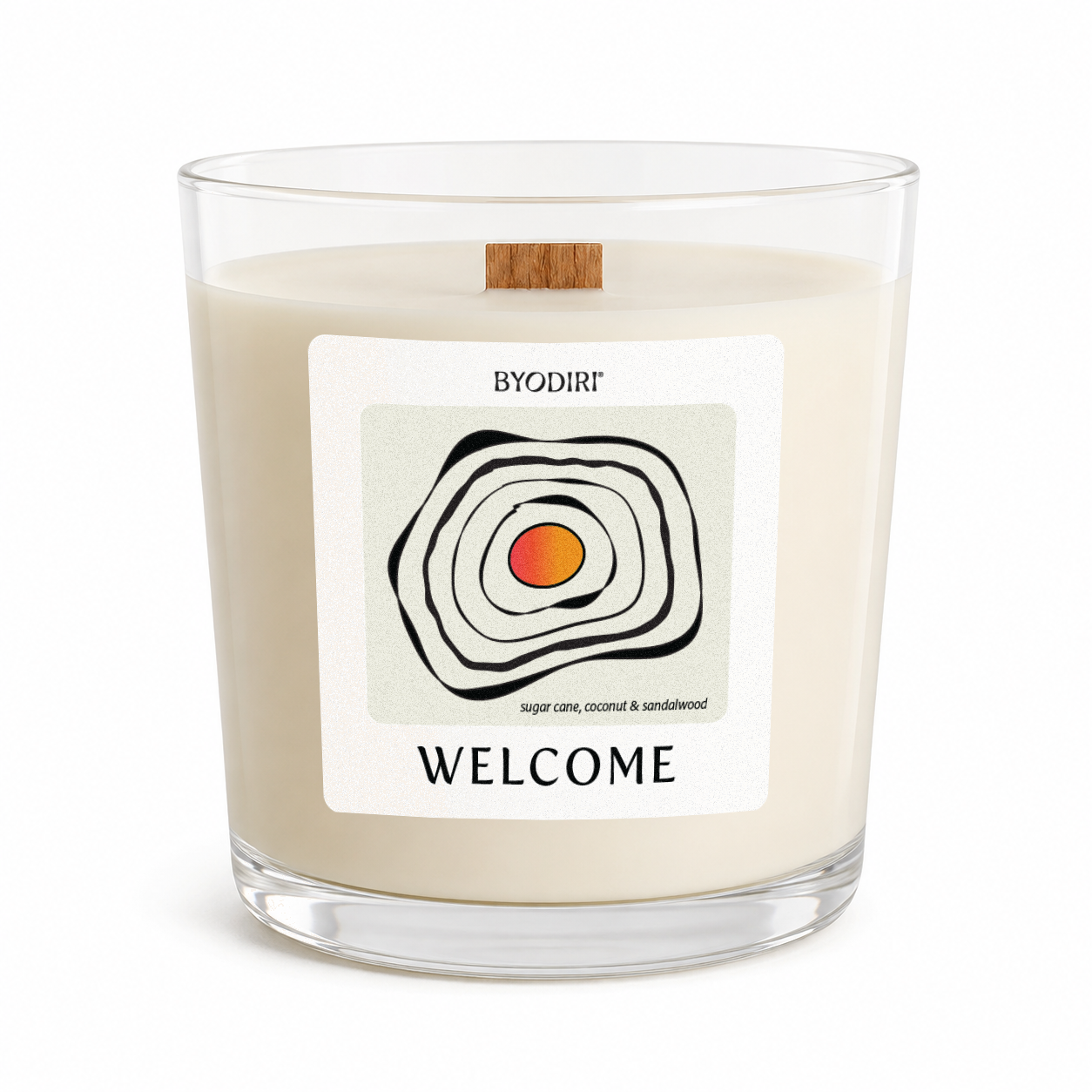 Candle with a 'Welcome' label and Byodiri branding on a white background